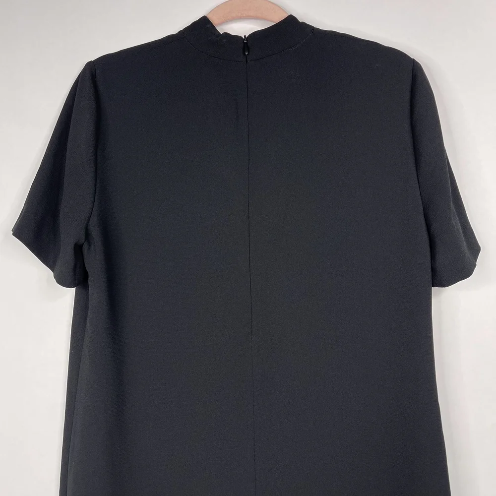 ZARA Plunge Choker Shift Dress Medium Black V-Neck Short Sleeve Back Zip #7289 - Picture 10 of 16